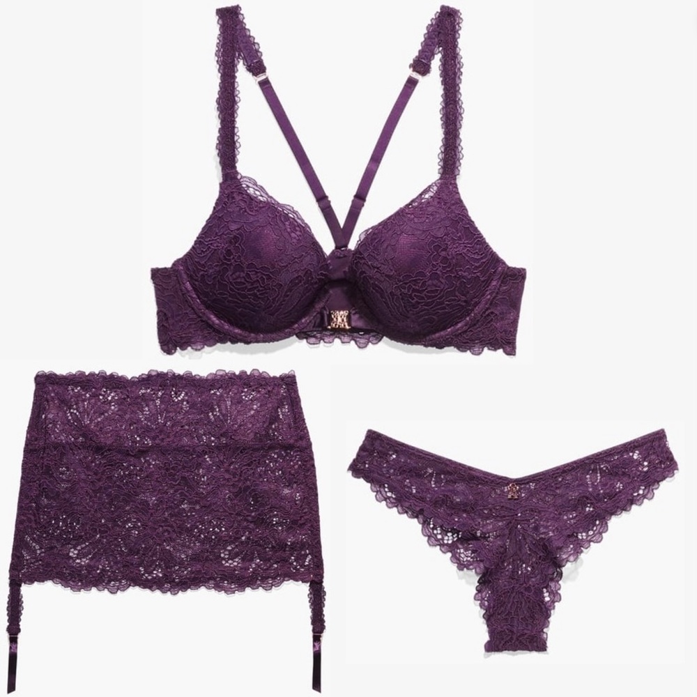 NEW! Savage x FENTY Sexy Lace Push-up Bra, Thong, & Garter Skirt Set